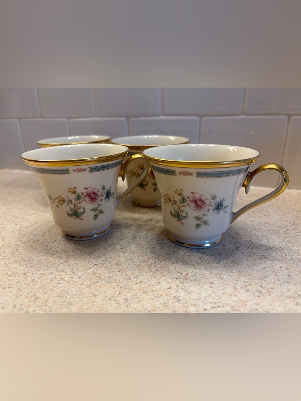 Lenox Morning Blossom Porcelain Teacup Set in White and Gold.